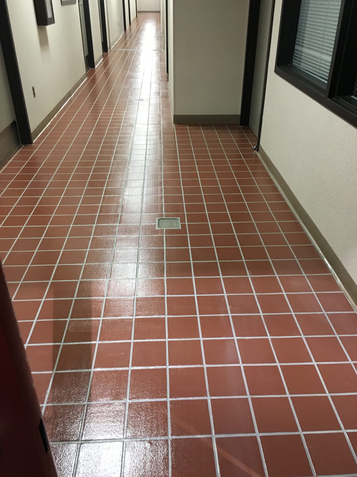 Commercial quarry tile hallway after strip and color seal